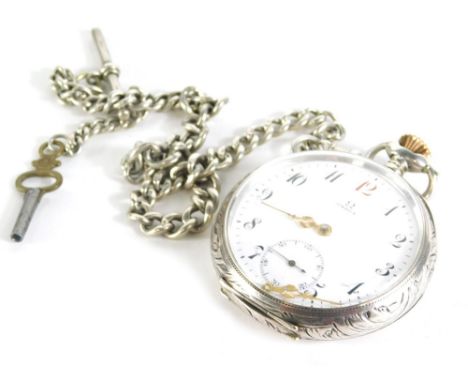 An early 20thC Omega open faced pocket watch, with 5cm diameter Arabic dial, subsidiary second hand, in repousse decorated ca