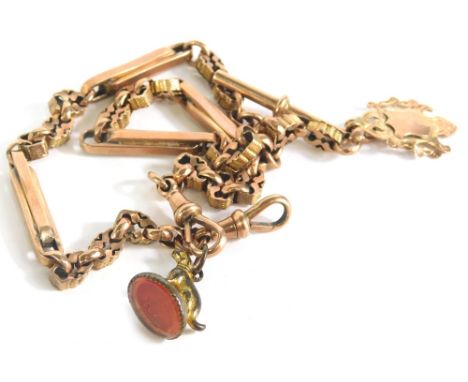 A fancy link double Albert watch chain, centred by T-bar, with outer clasp marked 9C, 39cm long, attached to a 9ct gold fob a