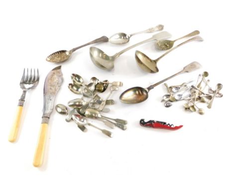 Various silver plated flatware, soup ladle, fiddle pattern, 30cm long, basting spoon, other silver plated ware, fish server, 