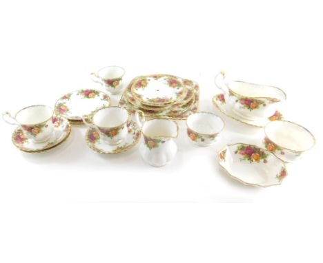 A Royal Albert Old Country Roses part tea service, to include square serving plate, 23cm wide, gravy boat, dish, cups, saucer