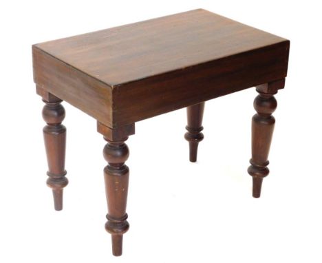 A Victorian mahogany bidet, the rectangular cover enclosing a creamware ceramic insert, on turned tapering legs, 54cm wide.