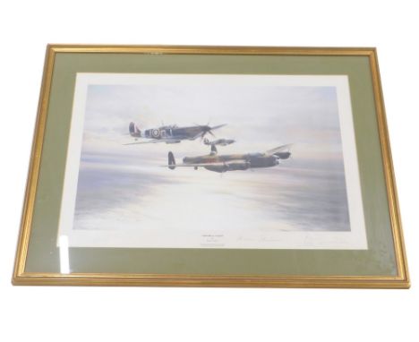 Robert Taylor (b.1951).  Memorial Flight, coloured print, signed by Leonard Cheshire, Johnny Johnson and Peter Townsend, 44cm