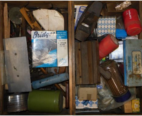 Various hand tools, bygone tools, etc., a drawer containing various bits, nail, 13cm high, etc., various others tools, etc. (