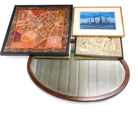 20thC Indian School. Floral collage wool work, unsigned, 57cm x 58cm, Indian School print, sailing boats print, a further mix