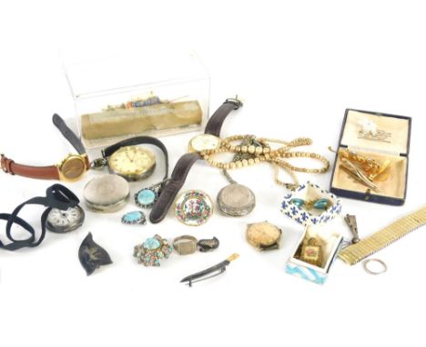 Various jewellery and effects, Continental fob watch with fancy 3cm diameter face, various other wristwatches, Smiths, locket