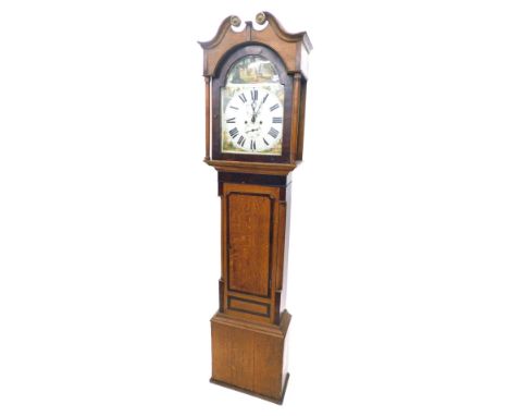 A mid 19thC longcase clock, the arched dial painted with rural scenes and Roman numerals, with an eight day four pillar movem