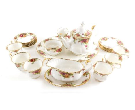 Various Royal Albert Old Country Roses dinner ware, oval meat plate, teapot, 22cm high, cups, saucers, milk jug, gravy boat, 