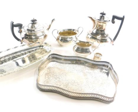 Various silver plated ware, a matched five piece service, comprising galleried edged serpentine tray, 30cm wide, coffee pot, 