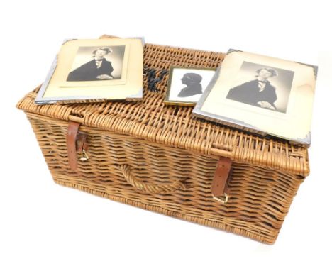 A Fortnam &amp; Mason wicker picnic hamper, of rectangular form, with leather straps, 49cm wide, and various other items, etc