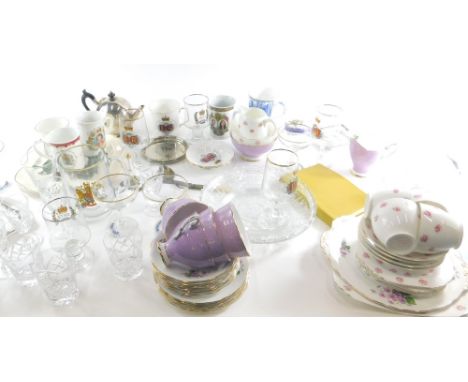 Various teaware, glassware, George VI glass plate, bullet shaped silver plated teapot, other china, glassware, etc. (a quanti