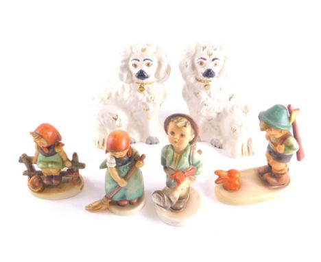 Various Goebel Hummel figures, to include Girl Sweeping, a pair of Beswick miniature spaniels with gilt highlights, impressed