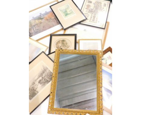 A rectangular mirror with fancy pierced gilt border, map of York Minster, 52cm x 33cm, various pictures, prints, engravings, 