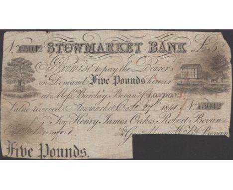 Stowmarket Bank, for Henry James Oakes, Robert Bevan, Geoe Moor & Wm R. Bevan, cancelled £5, 27 October 1841, serial number I