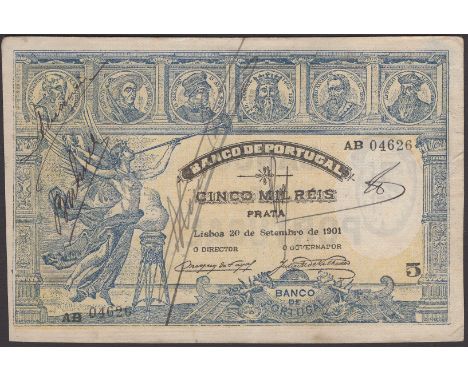 Banco de Portugal, a contemporary forgery for 5 Mil Reis, 20 September 1901, serial number AB 04626, six portraits along top 