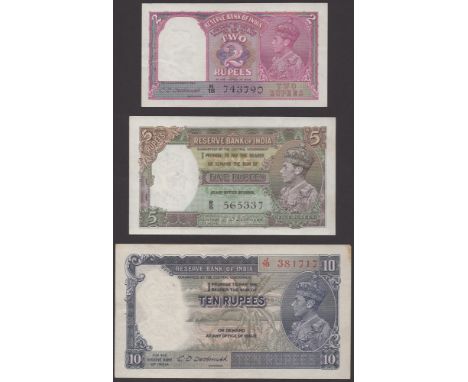 Reserve Bank of India, 2 Rupees, ND (1937), serial number H/18 743790, 5 Rupees, ND (1944), serial number R/5 565337, 10 Rupe