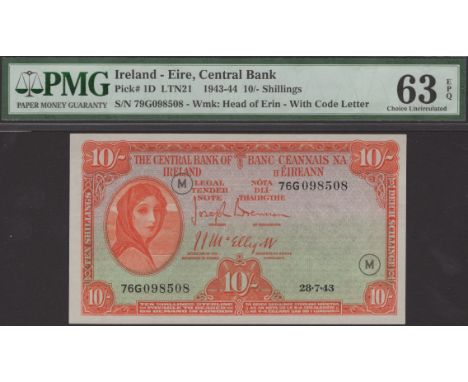 Central Bank of Ireland, 10 Shillings, 28 July 1943, serial number 76G 098508, Brennan and McElligott signatures, War Code M,