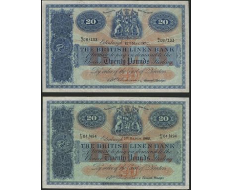 British Linen Bank, £20 (2), 12 May 1952, serial number R/4 08/133 and 5 March 1962, serial number H/5 04/494, both Anderson 