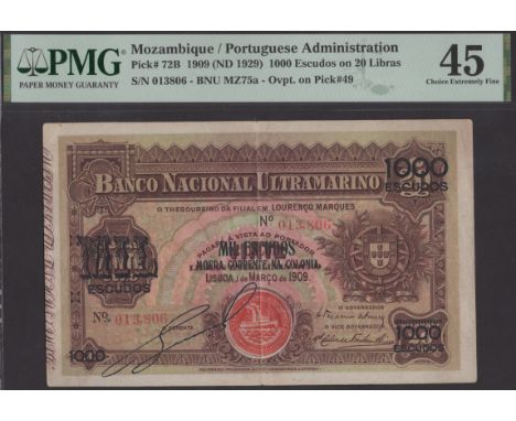 Banco Nacional Ultramarino, Mozambique, 1000 Escudos on 20 Libra Esterlina, 1 March 1909 (1935), serial number 013,806, with 