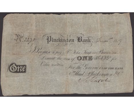 Pluckington Bank, a Liverpool joke note for 1 Penny, December 1819, serial number 2235, promising to pay Mr John Tump or Bear