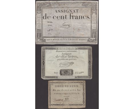 France, Siege de Lyons, 50 Sous, ND (1793), no serial number, black text on card, manuscript signature low left, also 10 Livr