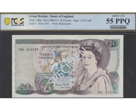 Bank of England, George M. Gill, £20, 1 March 1988, serial number 78S 612783, in PCGS holder 55 PPQ, about uncirculated EPM B