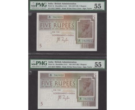 Government of India, 5 Rupees (2), ND (1917), consecutive serial numbers M/57 780922-23, Taylor signature, spindle hole at is
