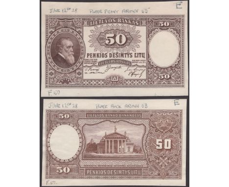 Lietuvos Bankas, obverse and reverse false colour die proofs for 50 Litu, 1928, no serial numbers, in brown print, ink annota