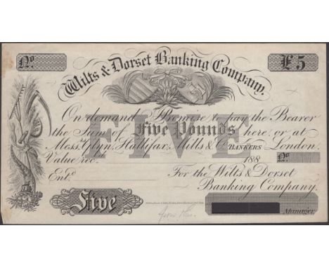 Wilts & Dorset Banking Company, proof £5 on paper, 188-, no signature or serial numbers, signature strip removed, pencil anno