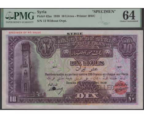 Banque de Syrie et du Grand-Liban, Syria, specimen 10 Livres, 1 September 1939, no serial number, red Bradbury Wilkinson seal