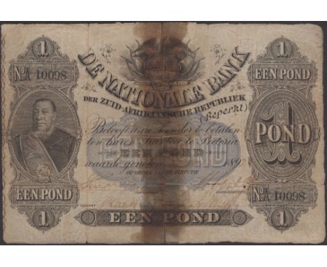 De Nationale Bank der Zuid Afrikaanische Republiek Beperkt, 1 Pond, 1892, serial number A-10098, four manuscript signatures, 