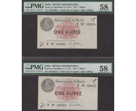Government of India, 1 Rupee (2), 1917, consecutive serial numbers M/9 830311-12, Gubbay signature, in PMG holders 58, choice