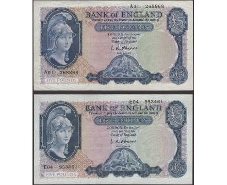 Bank of England, Leslie K. O’Brien, £5 (2), 21 February 1957, serial numbers A01 268868 and E04 953461, first original good e