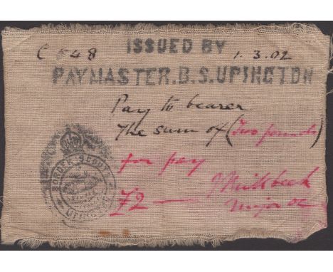 Upington Border Scouts, shirt money for £2, 1 March 1902, serial number C548, superb condition with exceptional print quality
