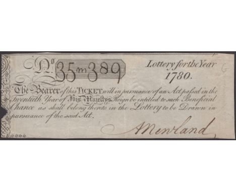 Abraham Newland, a 1780 lottery ticket, number 35m389, signed by Abraham Newland himself, very fine and a scarce and popular 