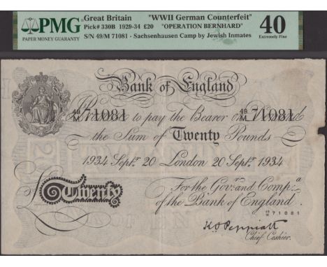 Bank of England, Kenneth O. Peppiatt, Operation Bernhard, £20, London, 20 September 1934, serial number 49/M 71081, in PMG ho