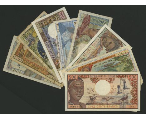 A Very Nice Group of French Colonial Banknotes, including Chad, 500 Francs, Martinique, 50 Francs, Guadaloupe, 10 Francs, Fre