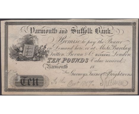 Yarmouth & Suffolk Bank, for Gurneys, Turner & Brightwens, proof £10, 18-, no signatures or serial numbers, pencil annotation