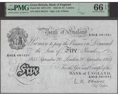 Bank of England, Leslie K. O’Brien, £5, 20 September 1955, serial number A83A 081531, in PMG holder 66 EPQ, gem uncirculated 