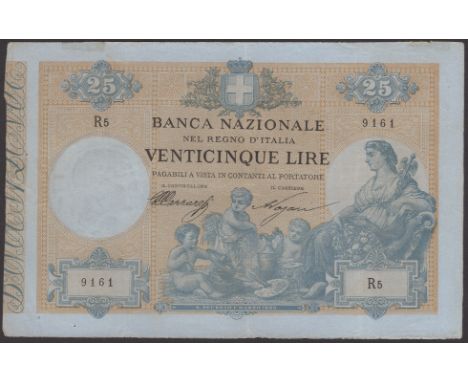 Banca Nazionale nel Regno d’Italia, 25 Lire, 22 July 1885, serial number R5 9161, Ceresole and Nazari signatures, first date 