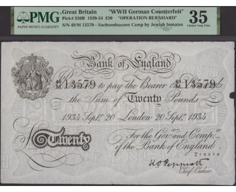 Bank of England, Kenneth O. Peppiatt, Operation Bernhard, £20, London, 20 September 1934, serial number 49/M 13579, pinholes,