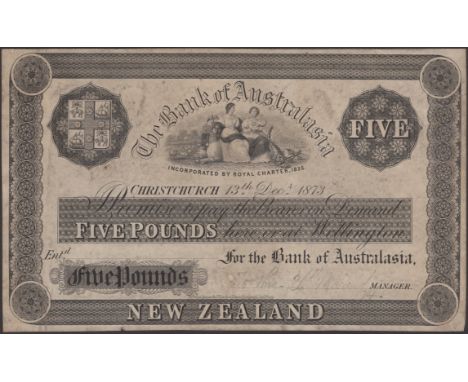 Bank of Australasia, New Zealand, proof £5, Christchurch, 13 October 1868, no signatures or serial number, pencil annotations