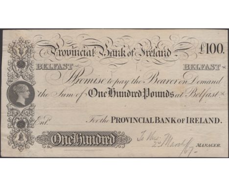Provincial Bank of Ireland, proof on paper for £100, Belfast, ND (1967), no signature or serial number, pencil annotations, l