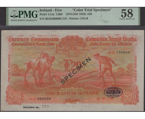 Currency Commission, Bank of Ireland, colour trial £20, 5 September 1978 (fictitious date), serial number 00ZK 000000, orange
