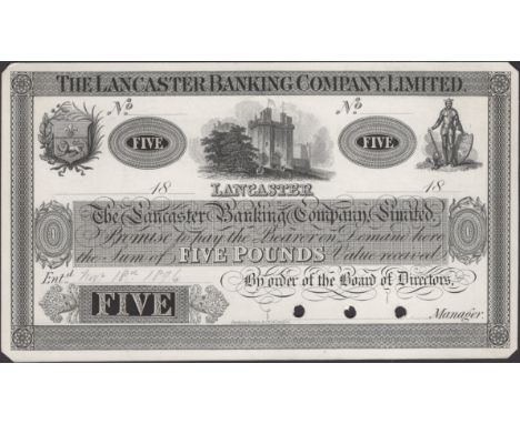 The Lancaster Banking Company Limited, proof on card for £5, 18-, no signature or serial number, three small cancellation hol