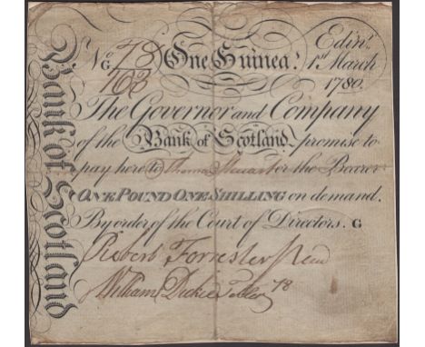 Bank of Scotland, 1 Guinea, 1 March 1780, serial number G 78/163, Paying Thomas Stewart or bearer, two manuscript signatures,