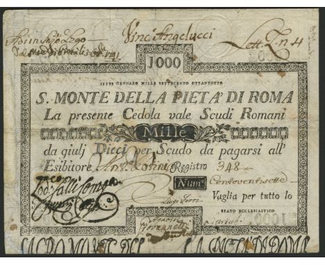 S.Monte Della Pieta A’ Di Roma, Italy, 1000 Scudi, 1791, serial number 348, multiple manuscript signatures, embossed seal, re