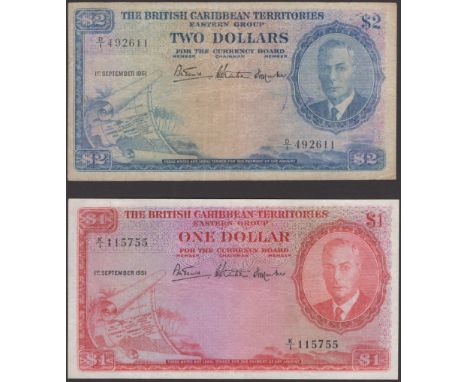 British Caribbean Territories, $1 and $2, 1 September 1951, serial numbers K/1 115755 and D/1 492611, McDavid, Robertson and 