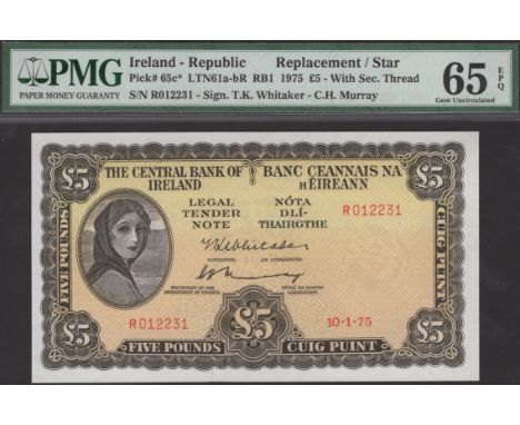 Central Bank of Ireland, replacement £5, 10 January 1975, serial number R 012231,  Whitaker and Murray signatures, in PMG hol