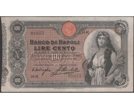 Banco di Napoli, 100 Lire, 22 October 1903, serial number H-K 08853, Miraglia and Brocchetti signatures, multiple pinholes, r