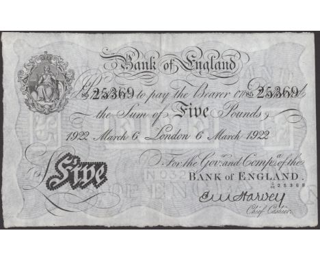 Bank of England, Ernest M. Harvey, £5, London, 6 March 1922, serial number C/85 25369, an attractive good very fine example E